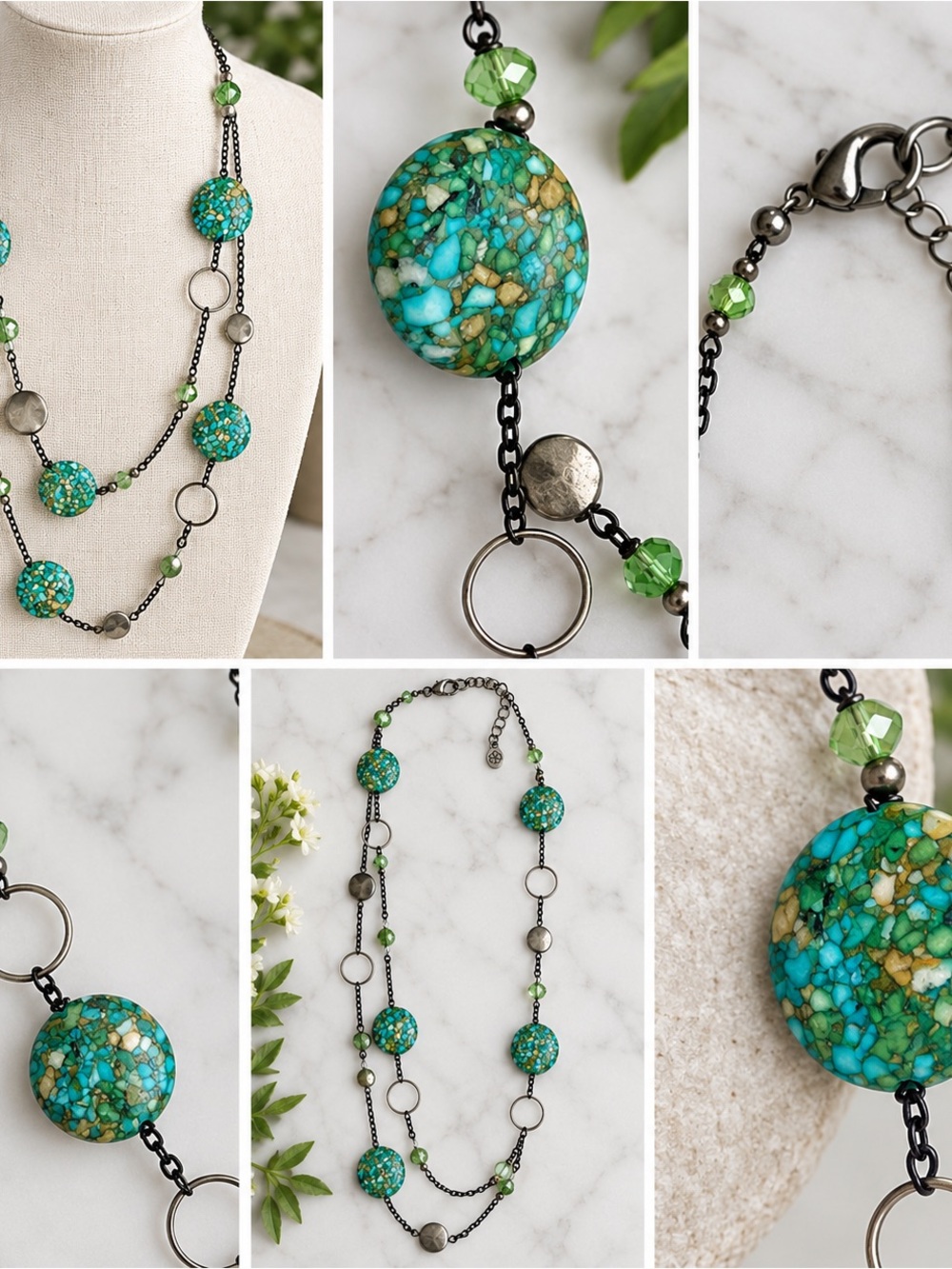 Turquoise Mosaic Long Necklace with Green Accents - Brand